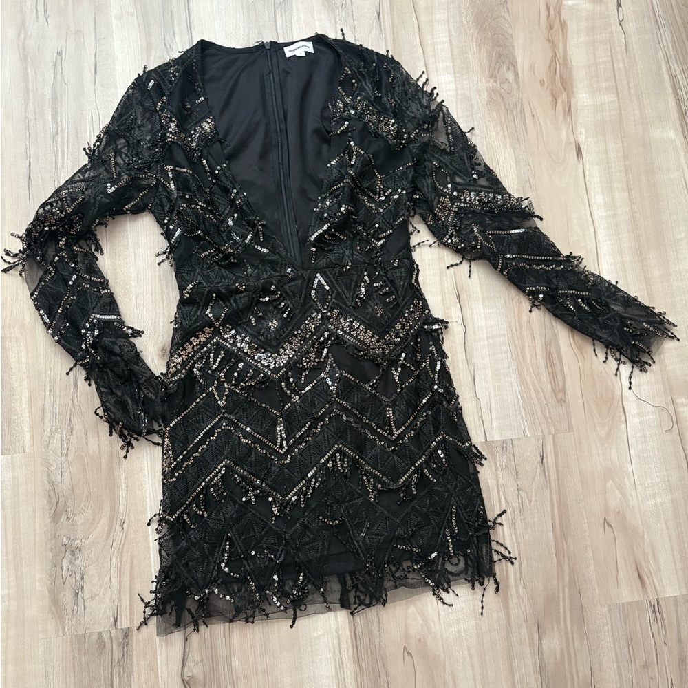 Black Long Sleeve Sequin Fringe Bodycon Dress with Plunge Neckline